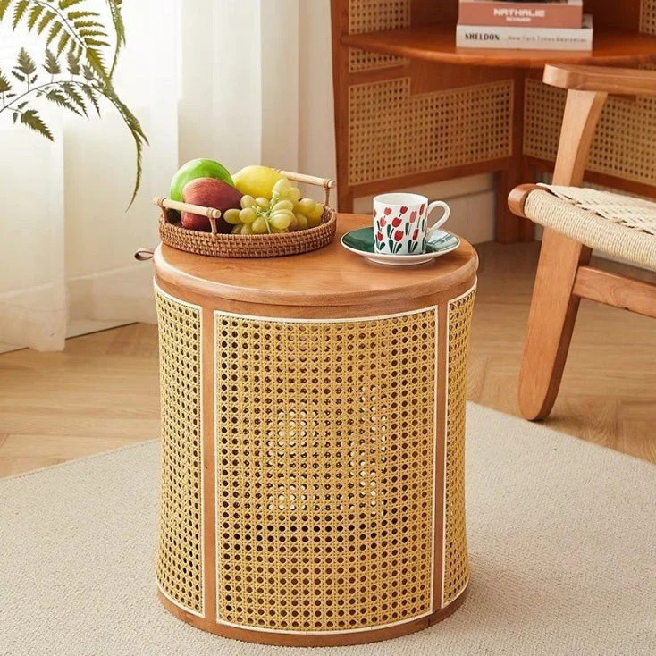Traditional Japanese Weaving Round Cylinder Rubberwood Plastic Rattan End Table 1-Storage With Cover For Living Room
