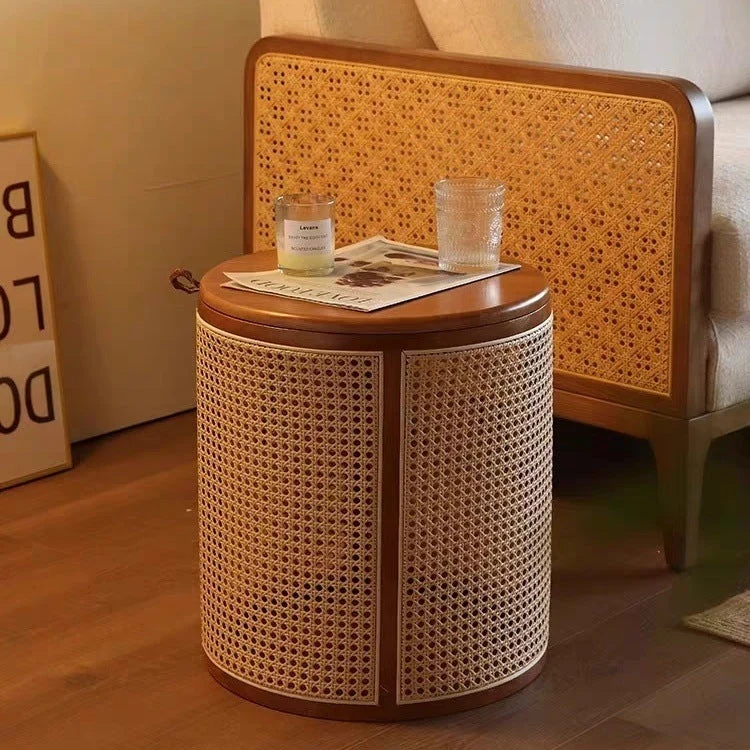 Traditional Japanese Weaving Round Cylinder Rubberwood Plastic Rattan End Table 1-Storage With Cover For Living Room