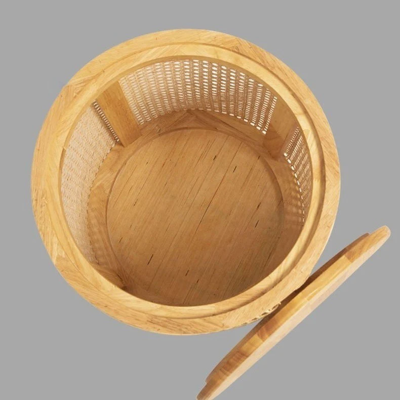 Traditional Japanese Weaving Round Cylinder Rubberwood Plastic Rattan End Table 1-Storage With Cover For Living Room