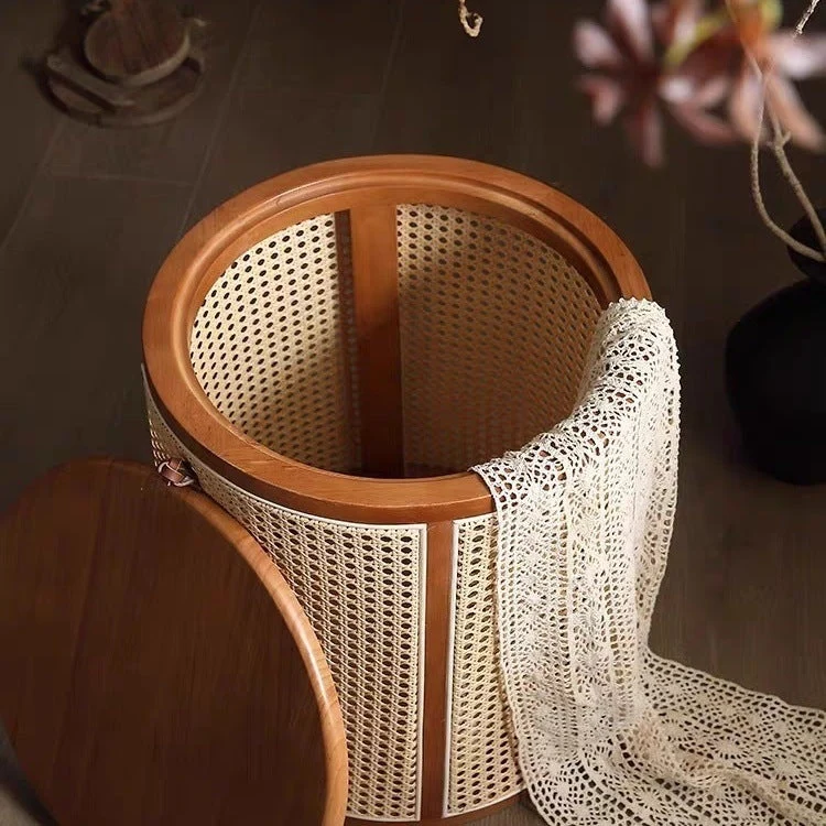Traditional Japanese Weaving Round Cylinder Rubberwood Plastic Rattan End Table 1-Storage With Cover For Living Room