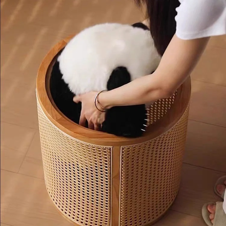 Traditional Japanese Weaving Round Cylinder Rubberwood Plastic Rattan End Table 1-Storage With Cover For Living Room
