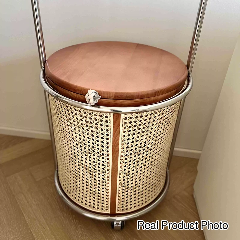 Traditional Japanese Weaving Round Cylinder Rubberwood Plastic Rattan End Table 1-Storage With Cover For Living Room