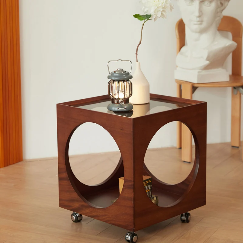 Modern Minimalist Removable Square Glass Plywood End Table 2-Tier For Living Room