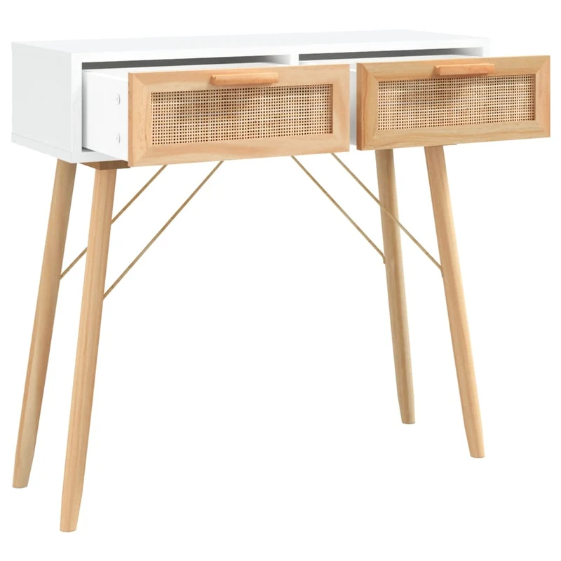 Table console d'entrée fonctionnel et stylé avec tiroirs 80 x 30 x 75 cm bois pin blanc et rotin naturel DEC031715