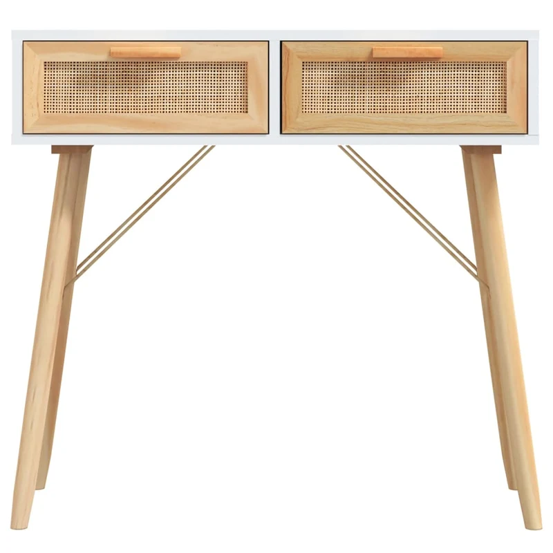 Table console d'entrée fonctionnel et stylé avec tiroirs 80 x 30 x 75 cm bois pin blanc et rotin naturel DEC031715