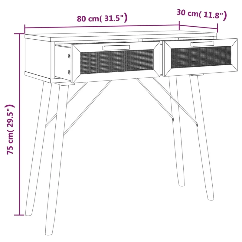 Table console d'entrée fonctionnel et stylé avec tiroirs 80 x 30 x 75 cm bois pin blanc et rotin naturel DEC031715