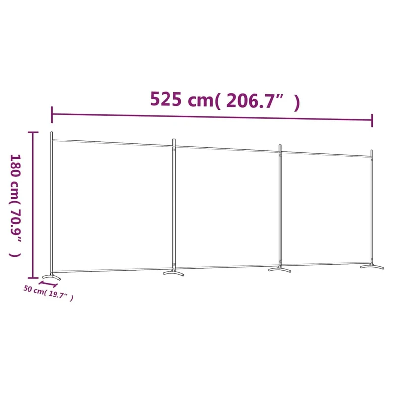 Paravent séparateur de pièce cloison 3 panneaux 525 x 180 cm tissu blanc et fer DEC030745
