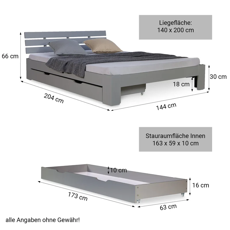 Lit double 140x200 cm avec tiroir de rangement et sommier à lattes cadre en bois de pin gris LIT06224