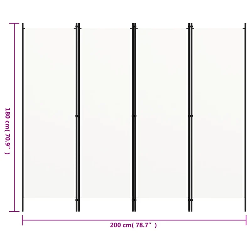 Paravent séparateur de pièce cloison 4 panneaux 200 x 180 cm en tissu blanc et fer DEC030838