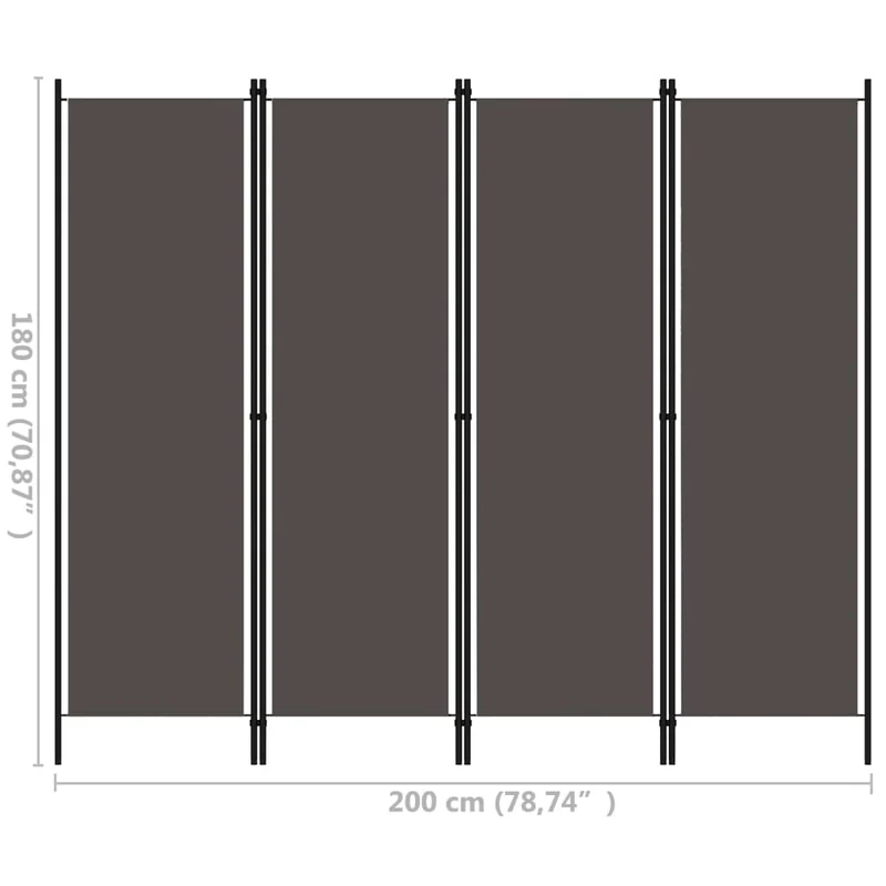 Paravent séparateur de pièce cloison 4 panneaux 200 x 180 cm en tissu anthracite et fer DEC030823