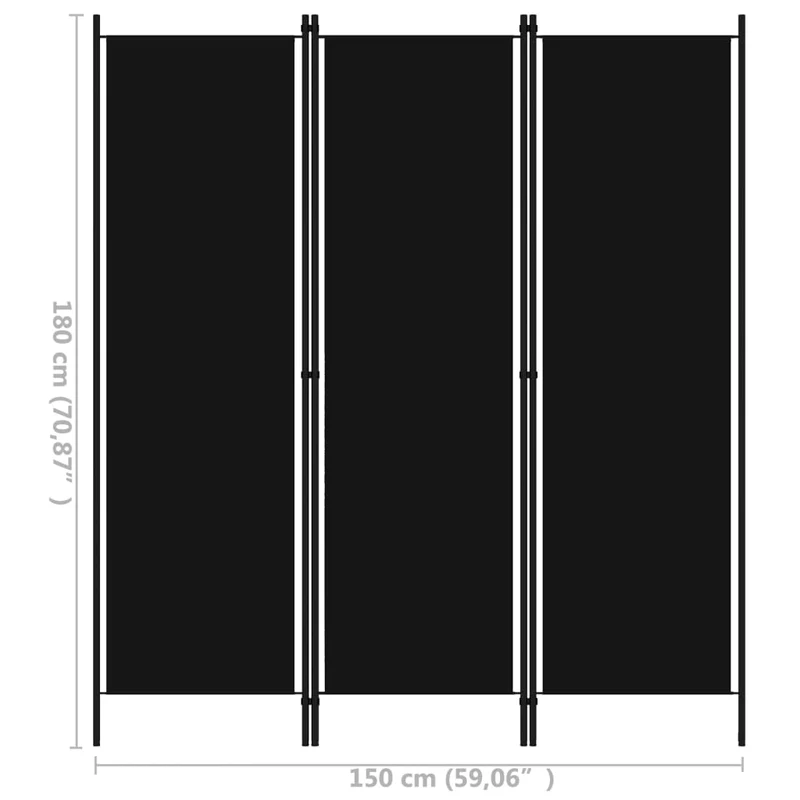 Paravent séparateur de pièce cloison 3 panneaux 150 x 180 cm en tissu noir et fer DEC030798