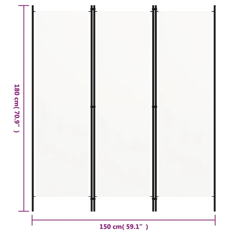 Paravent séparateur de pièce cloison 3 panneaux 150 x 180 cm en tissu blanc et fer DEC030738