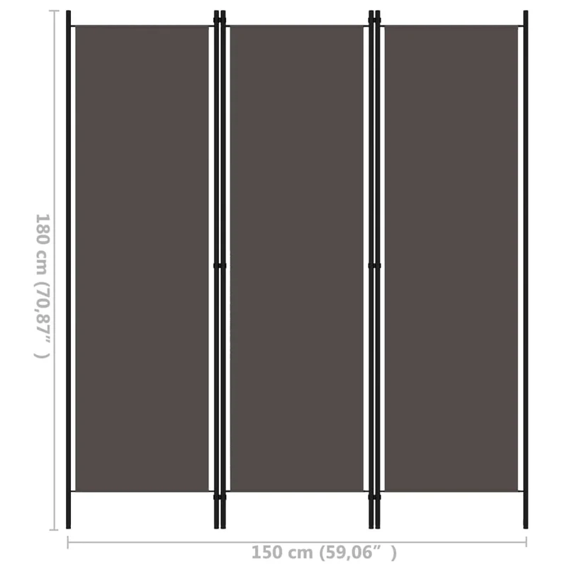 Paravent séparateur de pièce cloison 3 panneaux 150 x 180 cm en tissu anthracite et fer DEC030722