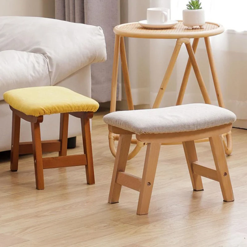 Modern Minimalist Square Cushion Rubberwood Cotton Linen Shoe Bench Low Stool For Living Room