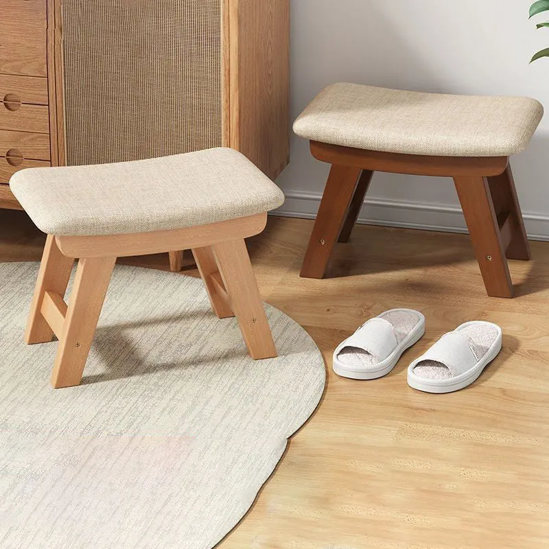 Modern Minimalist Square Cushion Rubberwood Cotton Linen Shoe Bench Low Stool For Living Room