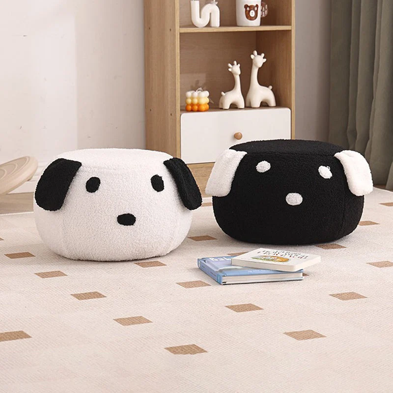 Modern Art Deco Round Teddy Fleece Plywood Low Stool Backless Armless For Living Room