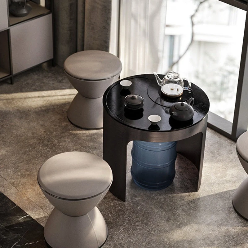 Modern Minimalist Round Hourglass Shape Microfiber Leather Plywood Stainless Steel Low Stool For Living Room