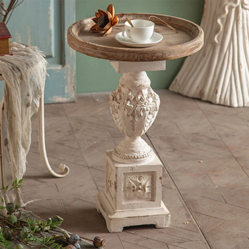 Traditional French Round Square Base Carved Magnesium Oxide Chinese Fir End Table For Living Room