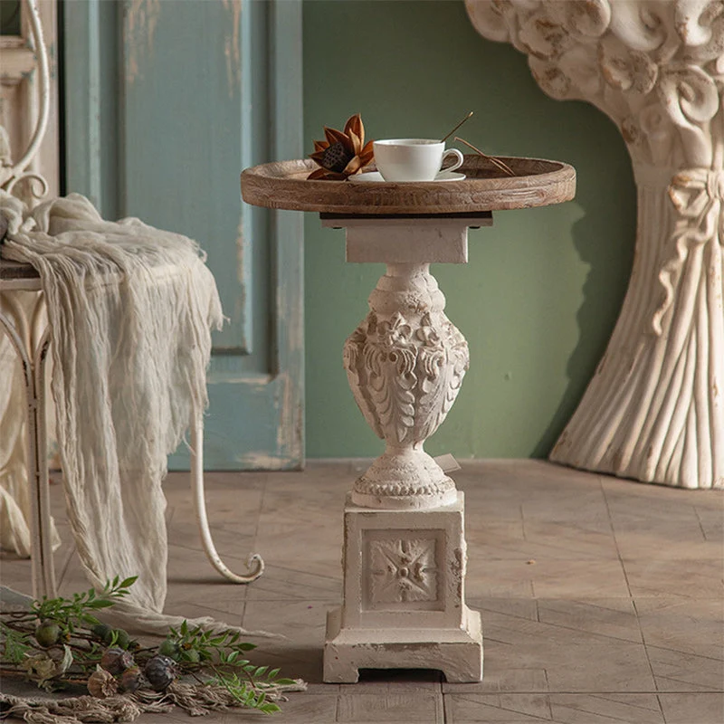 Traditional French Round Square Base Carved Magnesium Oxide Chinese Fir End Table For Living Room
