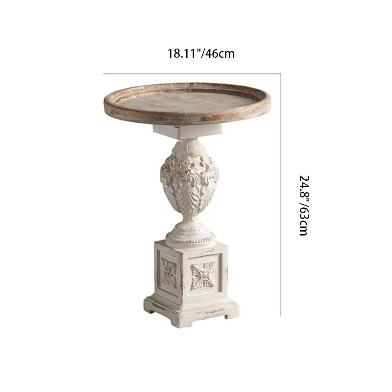 Traditional French Round Square Base Carved Magnesium Oxide Chinese Fir End Table For Living Room