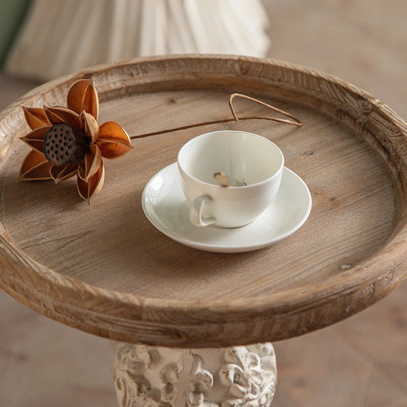 Traditional French Round Square Base Carved Magnesium Oxide Chinese Fir End Table For Living Room
