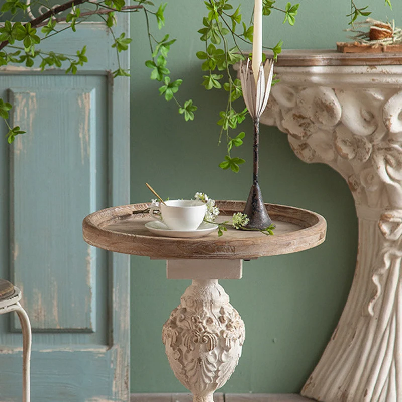 Traditional French Round Square Base Carved Magnesium Oxide Chinese Fir End Table For Living Room