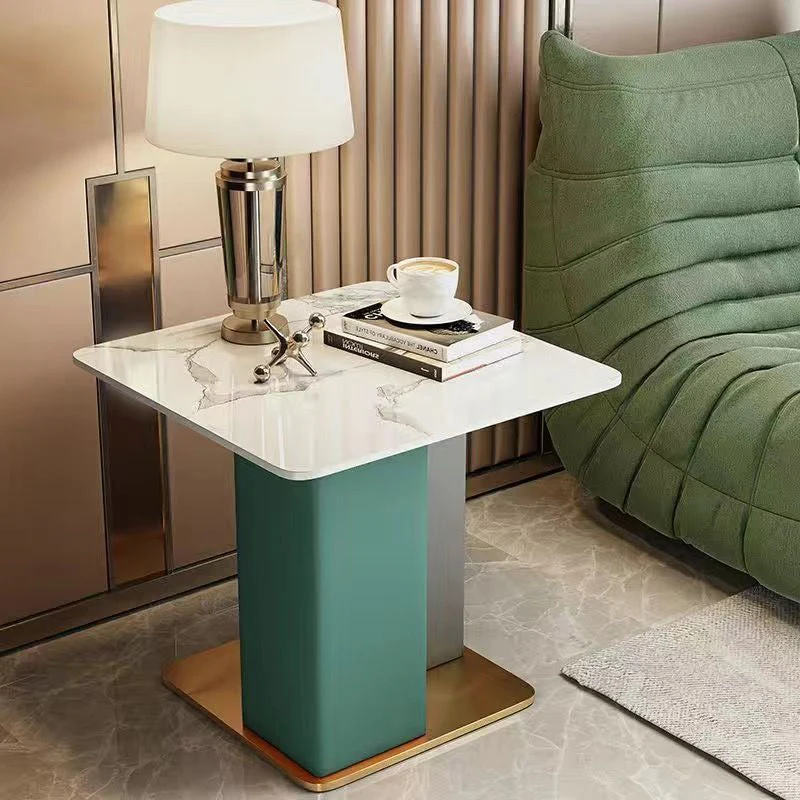 Contemporary Scandinavian Square Column Slate Microfiber Leather Wood Carbon Steel End Table For Living Room