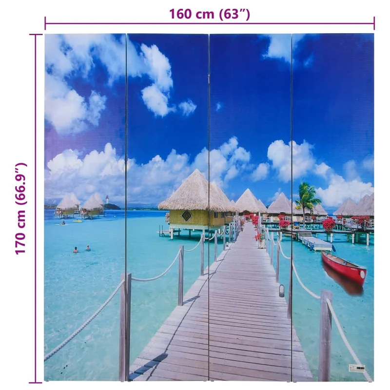 Paravent séparateur de pièce cloison pliable 4 panneaux 160 x 170 cm design plage DEC031169