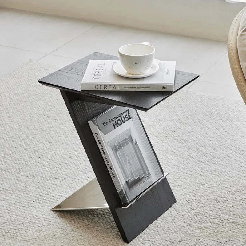 Modern Minimalist Rectangle Z-Shape Stainless Steel Ash Wood End Table For Living Room
