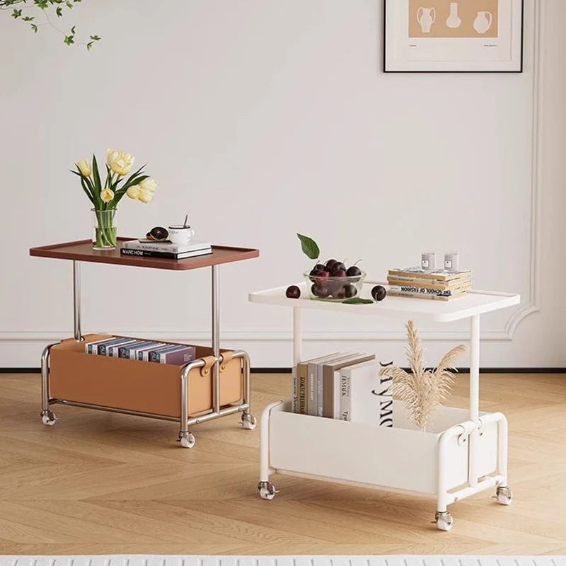 Modern Minimalist Rectangular Blister Board Iron Synthetic leather End Table 2-Tier Movable For Living Room