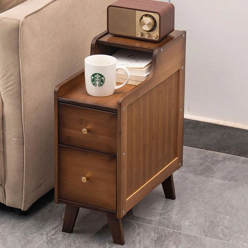 Traditional Japanese Rectangular Nan Bamboo Medium-density Fiberboard End Table 2-Drawer For Living Room