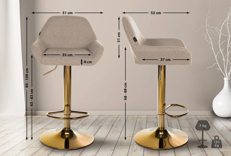 Lot de 2 tabourets de bar repose-pieds en forme d'arc en métal doré assise en tissu taupe TDB10796