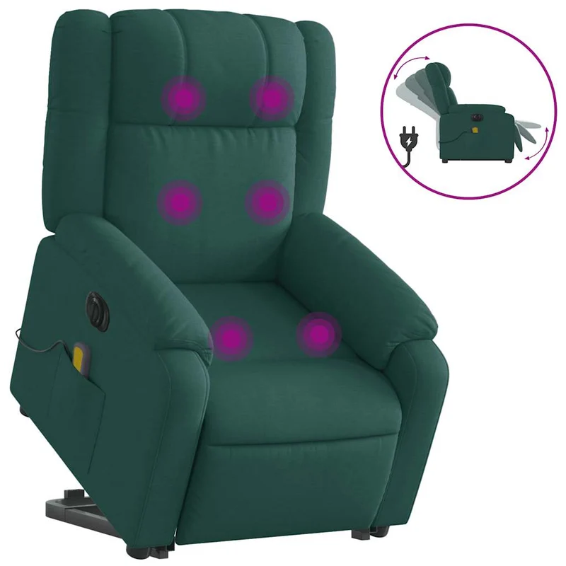 Fauteuil de relaxation fonction massage et inclinable levage électrique en tissu vert foncé DEC027878