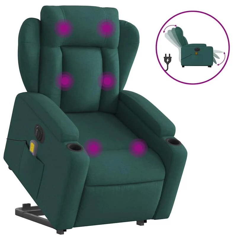 Fauteuil de relaxation fonction massage et inclinable fonction de levage électrique en tissu vert foncé DEC027877