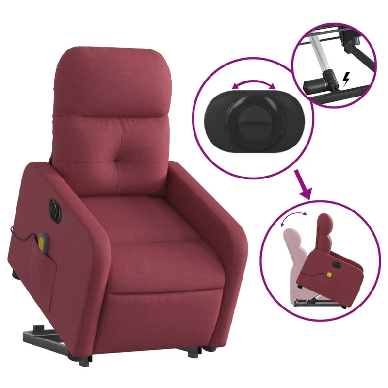 Fauteuil de relaxation fonction massage et inclinable levage électrique en tissu rouge bordeaux DEC027851