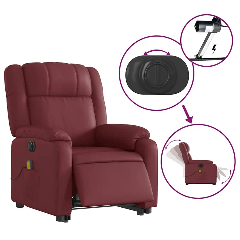 Fauteuil de relaxation fonction massage et inclinable levage électrique en PVC rouge bordeaux DEC027838