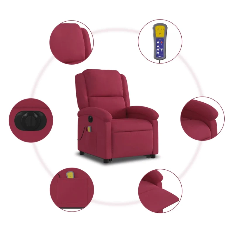 Fauteuil de relaxation fonction massage et inclinable levage électrique en velours rouge bordeaux DEC027834