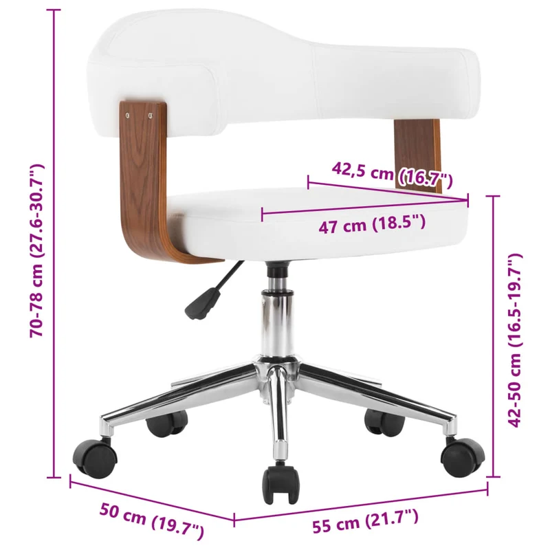 Chaise pivotante de bureau sur roulettes hauteur réglable en bois courbé et PVC blanc DEC025132