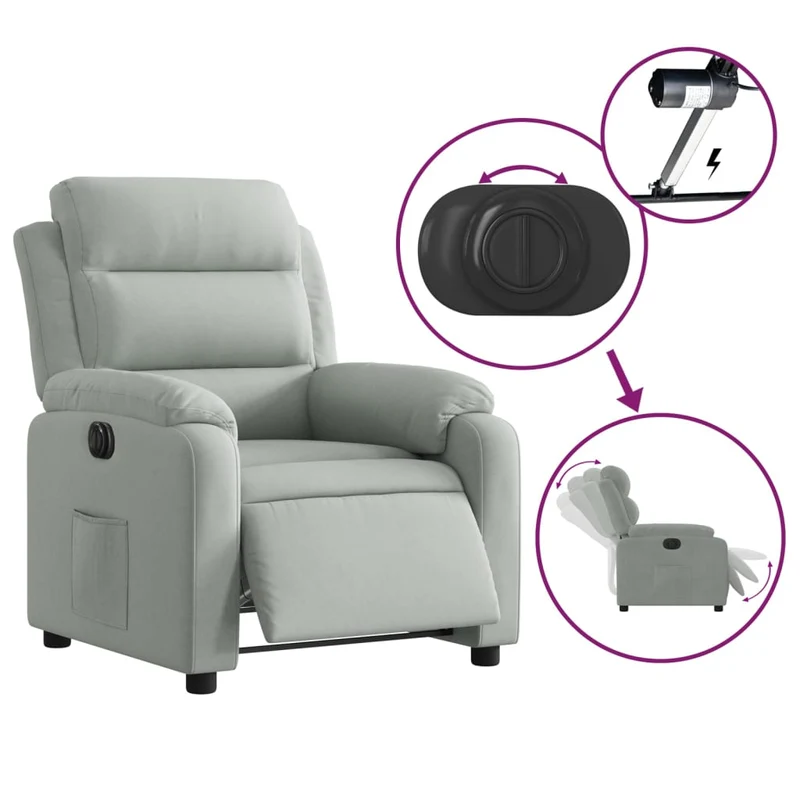 Fauteuil relax TV fonction d'inclinaison électrique très confortable en velours gris clair DEC028333