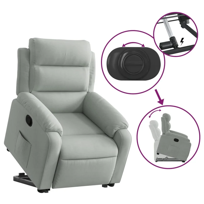 Fauteuil relax TV rembourrage confortable fonction de levage électrique en velours gris clair DEC027921