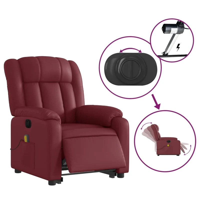 Fauteuil de relaxation fonction massage et inclinable levage électrique en PVC rouge bordeaux DEC027832