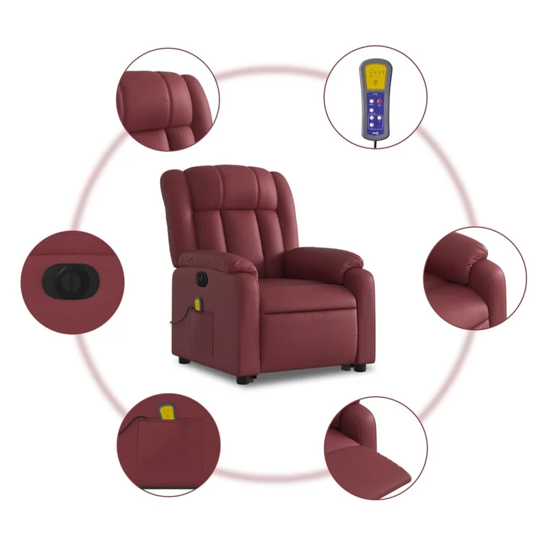 Fauteuil de relaxation fonction massage et inclinable levage électrique en PVC rouge bordeaux DEC027832