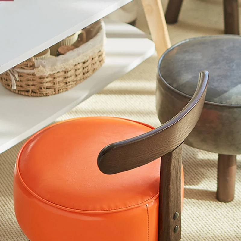 Contemporary Creative Round Faux Oil-Wax Leather Rubberwood Pine Footstool Backrest Armless For Living Room