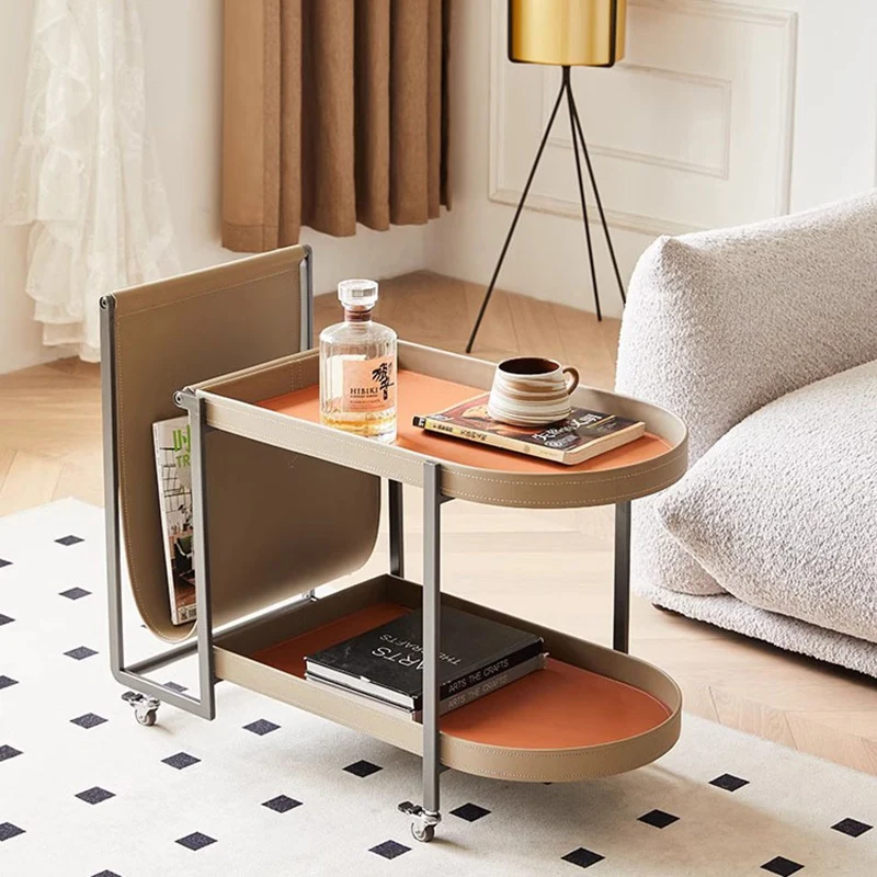 Contemporary Nordic Removable Rectangular Round Corner Carbon Steel Saddle-Style Faux Leather End Table 2-Tier For Living Room