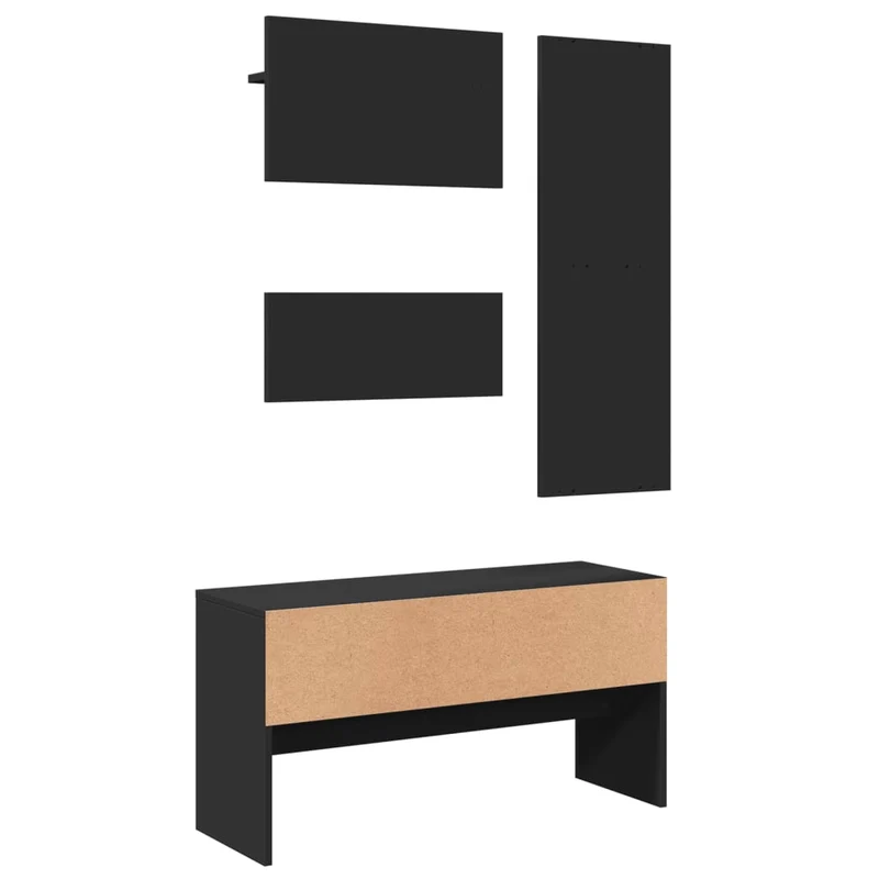 Ensemble de meubles de couloir 4 pièces miroir porte manteaux et banc à chaussures en bois d'ingénierie noir DEC024969