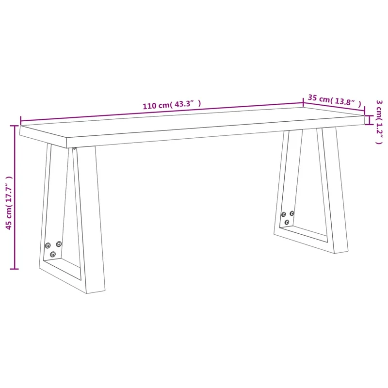 Banc de cuisine design industriel 110 cm en bois d'acacia massif brun pieds en forme de U en acier DEC024698