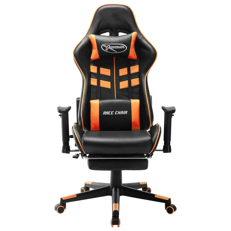 Fauteuil de bureau chaise gaming sur roulettes avec repose-pieds en PVC noir et orange DEC025783