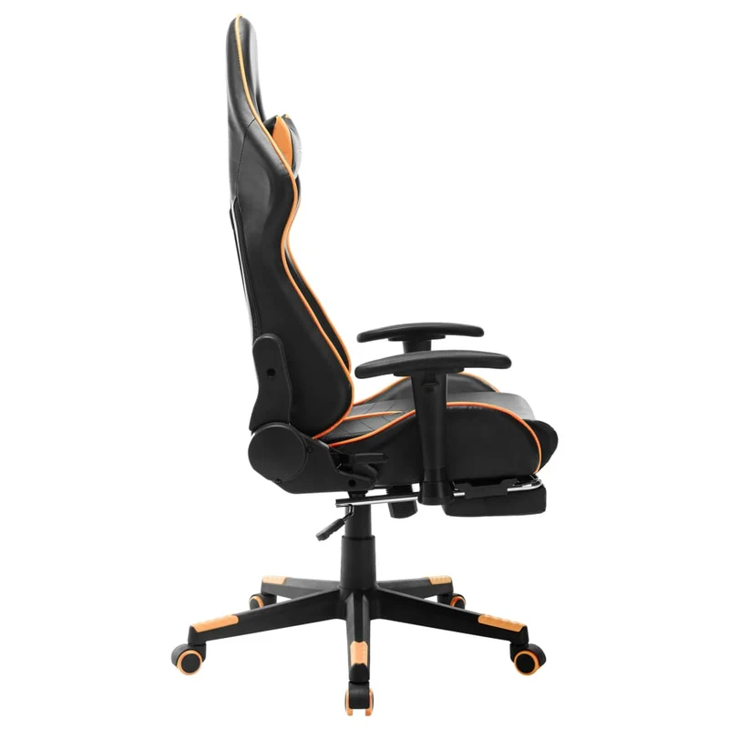 Fauteuil de bureau chaise gaming sur roulettes avec repose-pieds en PVC noir et orange DEC025783