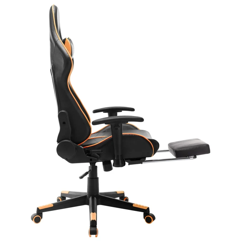 Fauteuil de bureau chaise gaming sur roulettes avec repose-pieds en PVC noir et orange DEC025783