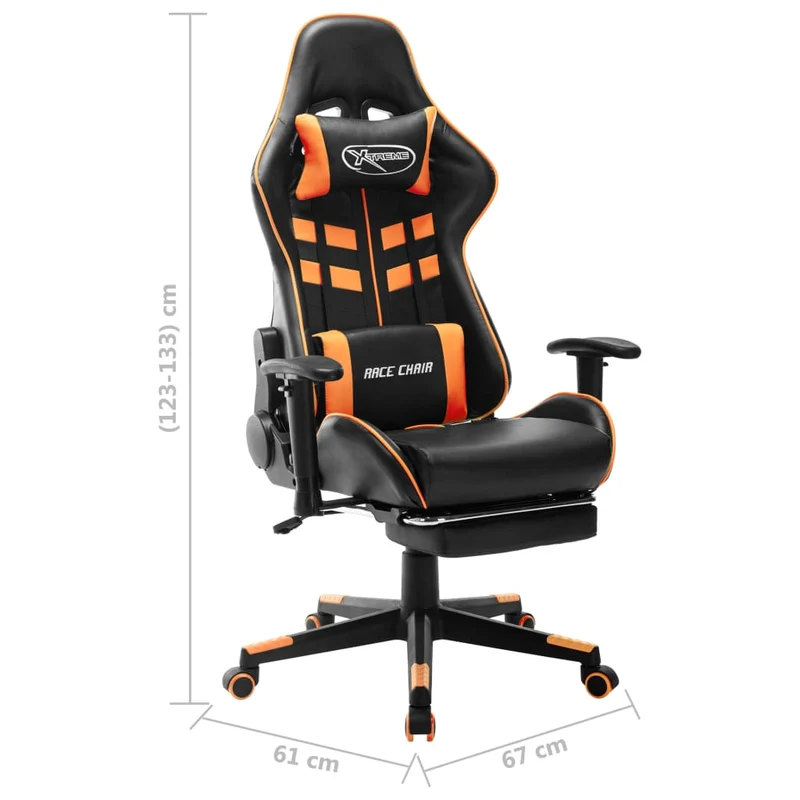 Fauteuil de bureau chaise gaming sur roulettes avec repose-pieds en PVC noir et orange DEC025783